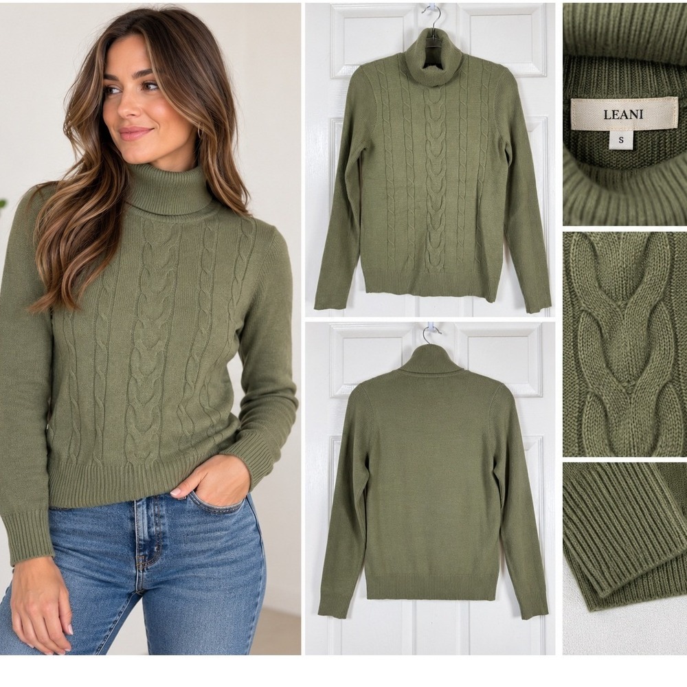 Olive Green Cable Knit Turtleneck Sweater Women Small Classic Preppy LEANI